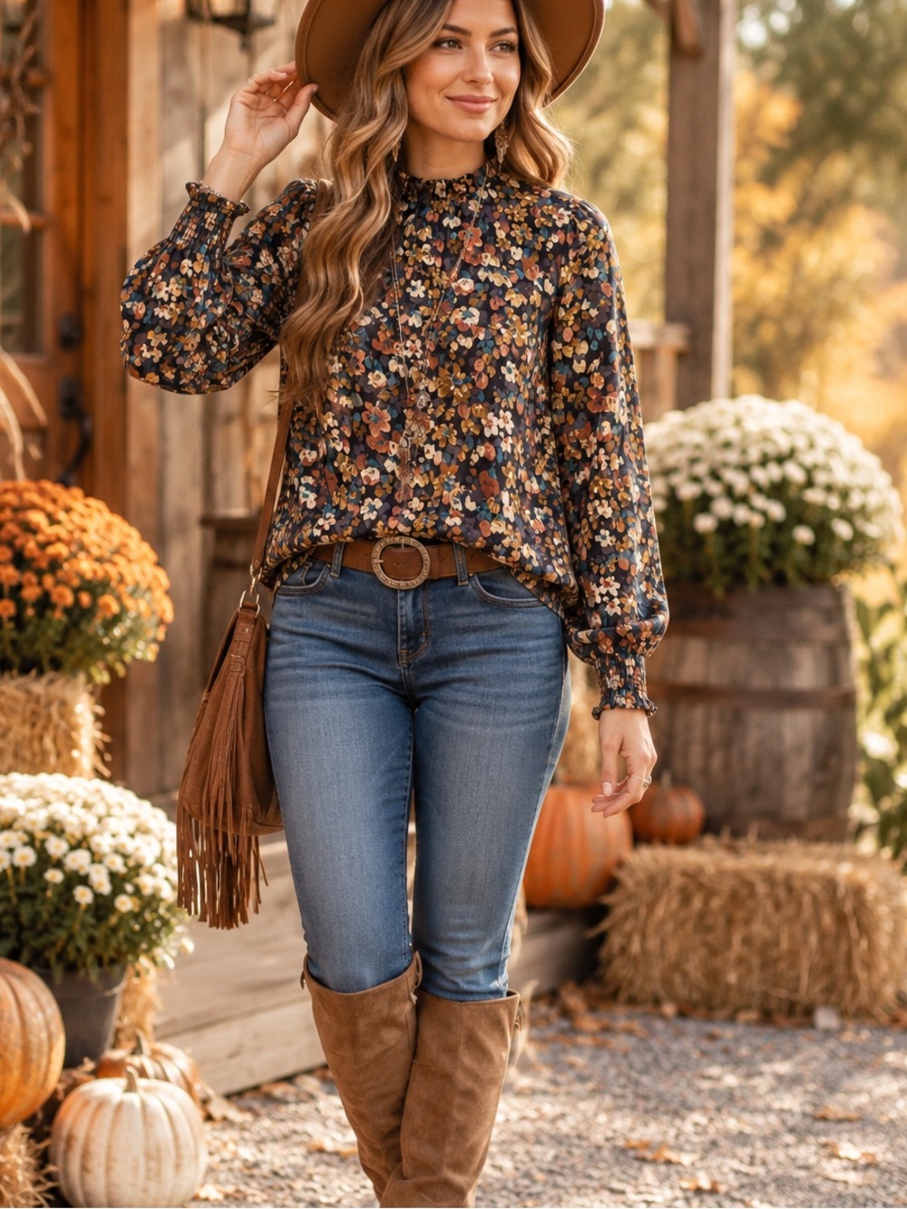 Les Amis Floral Mock Neck Blouse Small | Smocked Cuffs Cottagecore Boho Fall - Picture 1 of 8